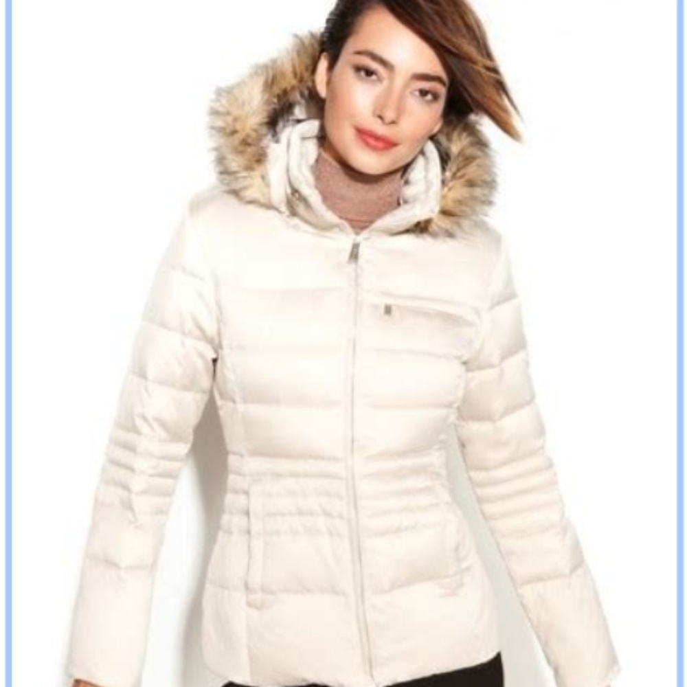 DKNY Faux Fur Trim Hood Quilted Puffer Coat